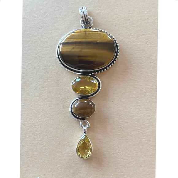 925 Sterling Large Tiger Eye Citrine Pendant - Picture 2 of 5